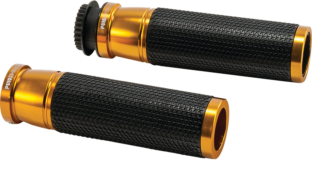 PUIG Hi-Tech Accent Gold foot controls grips with textured surface and gold finish for motorcycle handlebars.