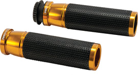 PUIG Hi-Tech Accent Gold foot controls grips with textured surface and gold finish for motorcycle handlebars.