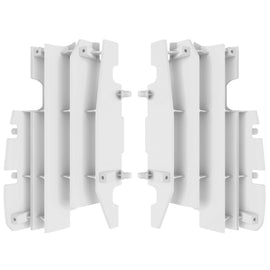 Polisport Plastics white radiator louver for motorcycles, model 64-56540, shown mounted on a vehicle in the image.