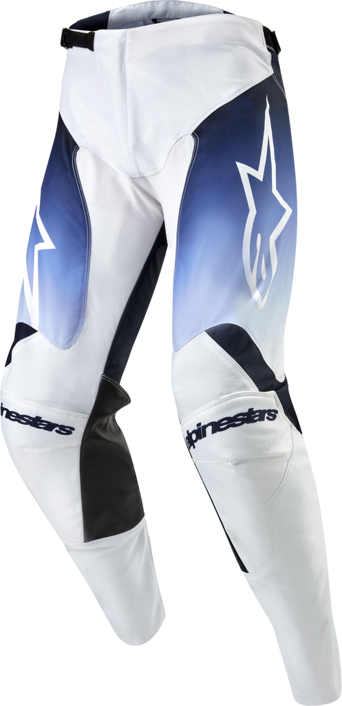 Alpine Star Racer Hoen Pants in white, dark navy, and light blue, size 34, featuring sporty design and multiple color panels.