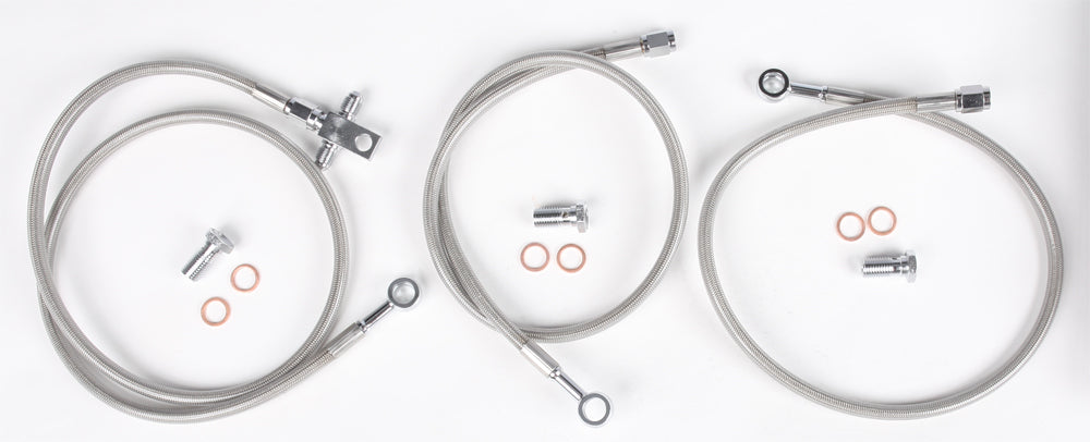 Streamline brake line with three front lines and two hon standard lines, showing metal fittings and flexible hoses.
