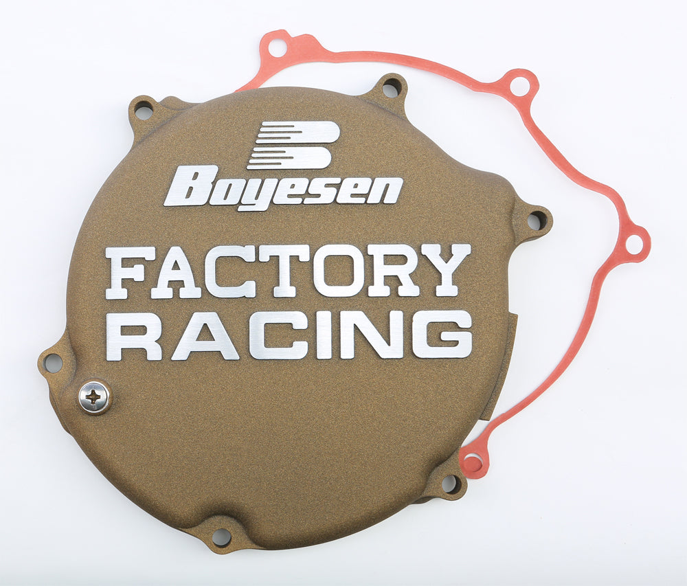 Boyesen Factory Racing Clutch Cover Magnesium for motorcycle, showcasing the sleek, lightweight clutch cover with detailed branding.