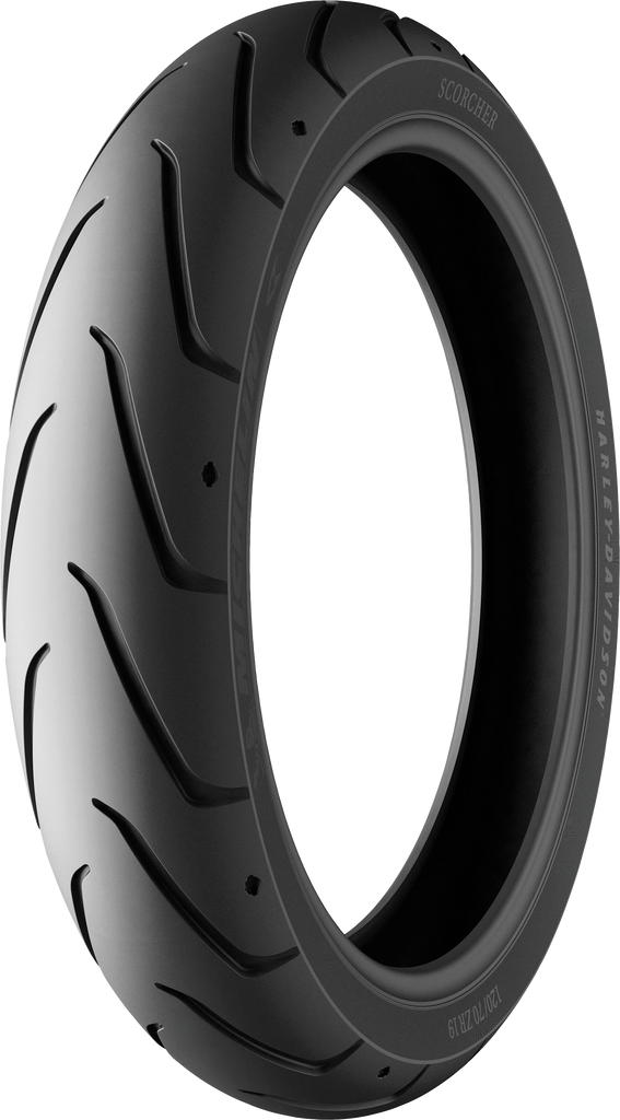 Michelin Tire Scorcher Sport front radial tire 120/70ZR17 for motorcycles, featuring durable tread pattern and radial construction.