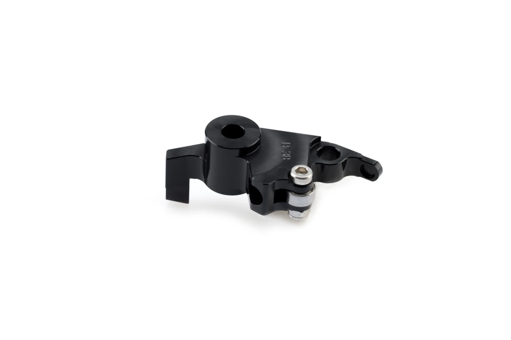 Black PUIG lever adapter for brake levers, shown on a motorcycle handlebar in close-up view.