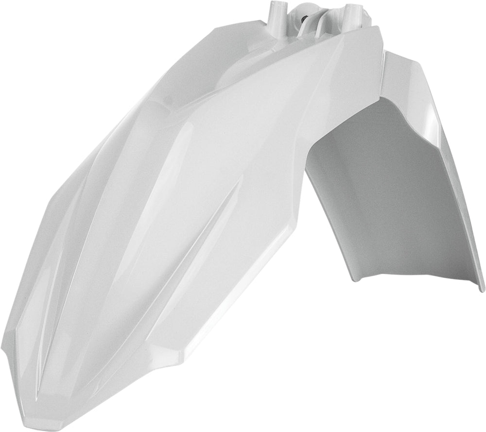 Acerbis white front fender for motorcycle, showcasing its sleek shape and mounting points on a neutral background.