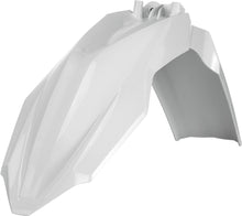 Load image into Gallery viewer, Acerbis white front fender for motorcycle, showing smooth curved plastic design with mounting points for installation.