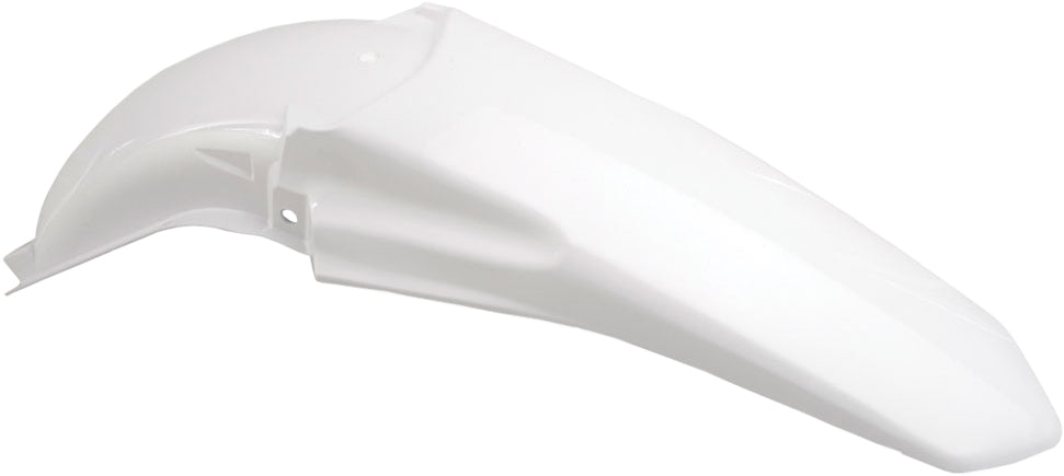 Acerbis white rear fender for dirt bikes or motorcycles, showing a close-up of the plastic Fender with mounting points.