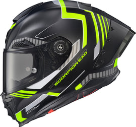 SCORPION EXO Apex Exo Warp full face helmet in Atarax black and hi-vis with XL size, featuring aerodynamic design and visor.