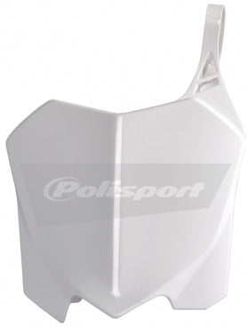 Polisport Plastics white front number plate for motorcycle, showing the body-mounted plastic number plate with mounting holes.