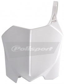 Polisport Plastics white front number plate for motorcycle, showing the body-mounted plastic number plate with mounting holes.