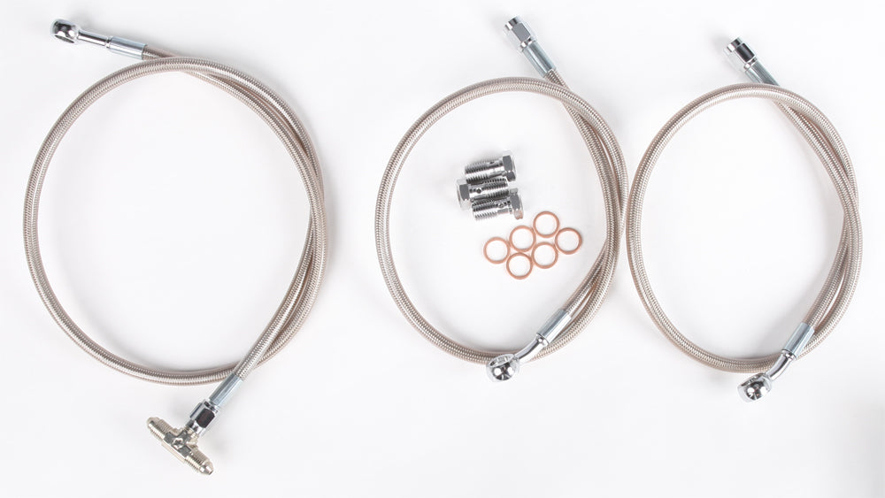 Streamline front brake line for Suzuki standard models, showing a flexible metal brake hose with fittings on a white background.