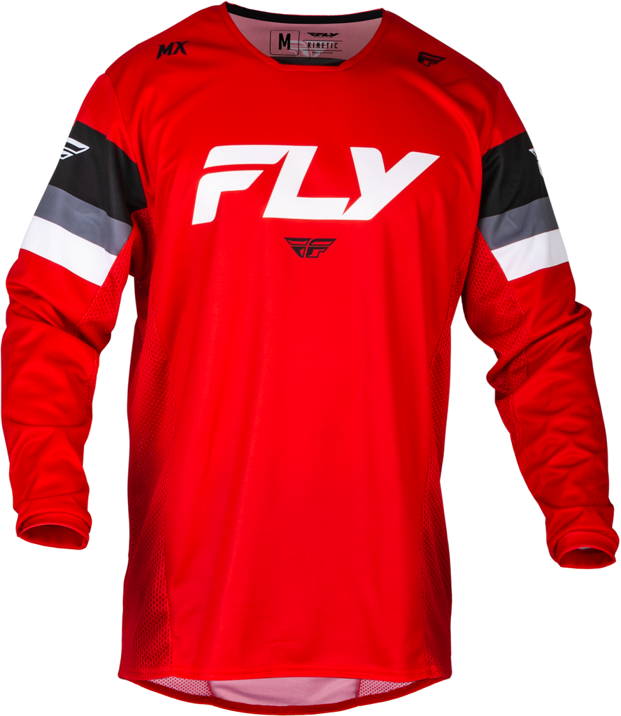 Fly Racing Kinetic Prix motocross jersey in red, grey, and white with bold designs, made for off-road riding comfort.