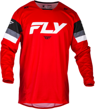 Load image into Gallery viewer, Fly Racing Kinetic Prix motocross jersey in red, grey, and white with bold designs, made for off-road riding comfort.