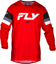 Fly Racing Kinetic Prix motocross jersey in red, grey, and white with bold designs, made for off-road riding comfort.