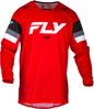 Fly Racing Kinetic Prix motocross jersey in red, grey, and white with bold designs, made for off-road riding comfort.