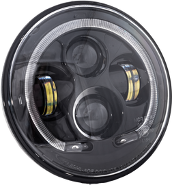 Letric Lighting Co 7-inch LED headlight with black halo for Indian motorcycles, showcasing the modern, durable headlight design.
