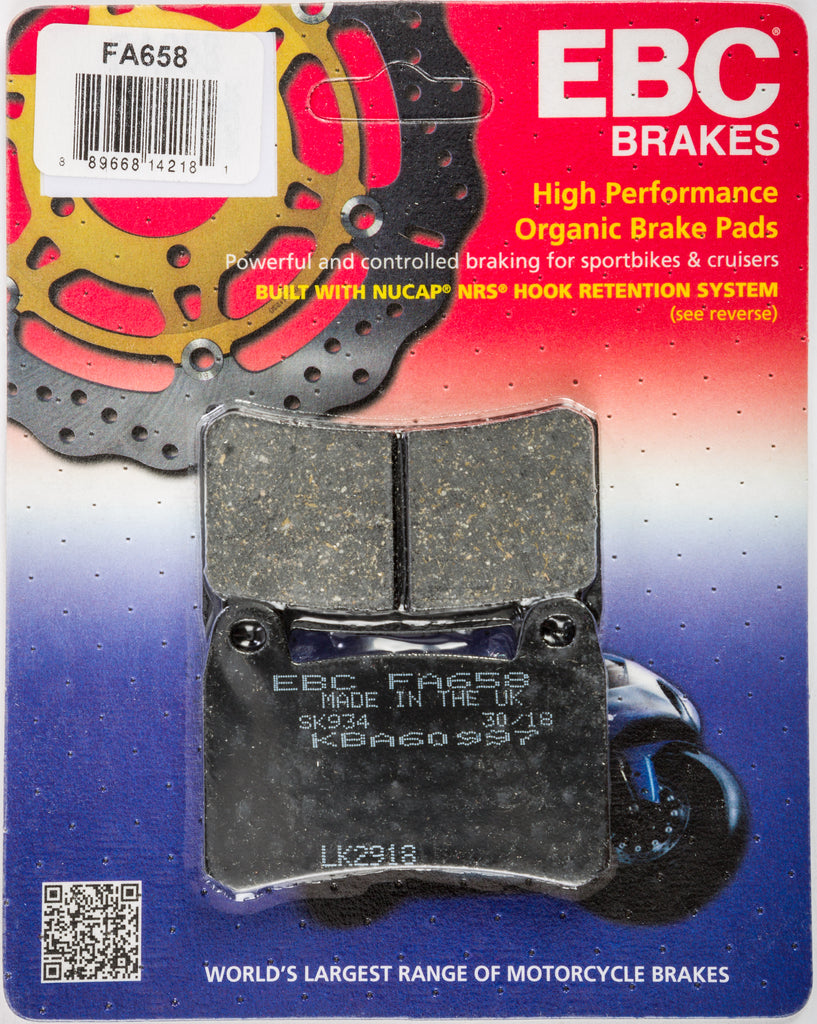 EBC Motorcycle Brakes FA658 organic brake pads showing black friction material and metal backing plates for motorcycle braking systems.