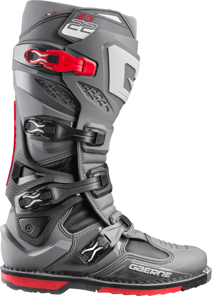 Gaerne SG22 motorcycle boots in anthracite, black, and red, size 12, with sturdy ankle support and durable design.
