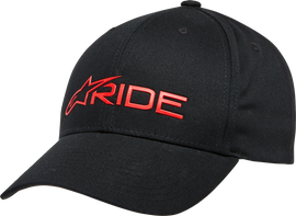 Alpine Star Ride 3.0 black and red hat, shown with adjustable strap and logo, casual sportswear accessory.