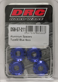 DRC Aluminum Spacers Type 2 Blue M6x12mm, 4-pack, lightweight and durable for precise mounting and adjustments.