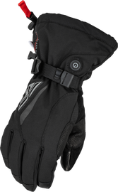 Fly Racing Title Heated Gauntlet in black, XL size, showing insulated design and control features for motorcycle riding warmth.