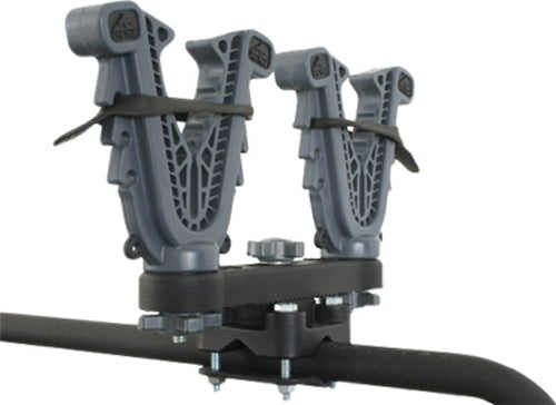 ATV-TEK V-Grip Double Mount bracket for ATVs, showing sturdy black metal construction with V-shaped grips for secure attachment
