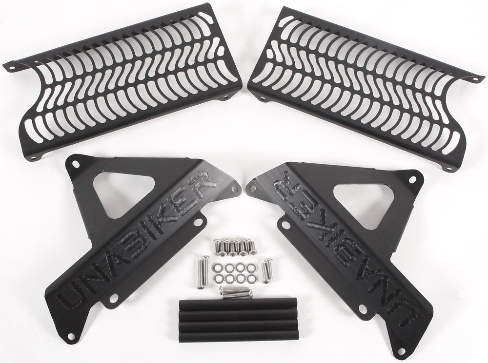 Unabiker black radiator guard for Honda CRF250 motorcycle, designed to protect the radiator from debris and damage.