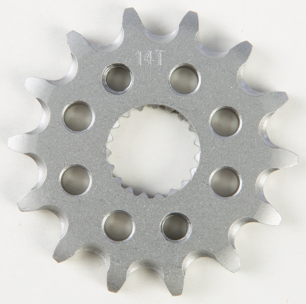 Steel Fire Power front CS sprocket 14T for 420 chain, designed for motorcycle or dirt bike use, with visible teeth and metal finish.