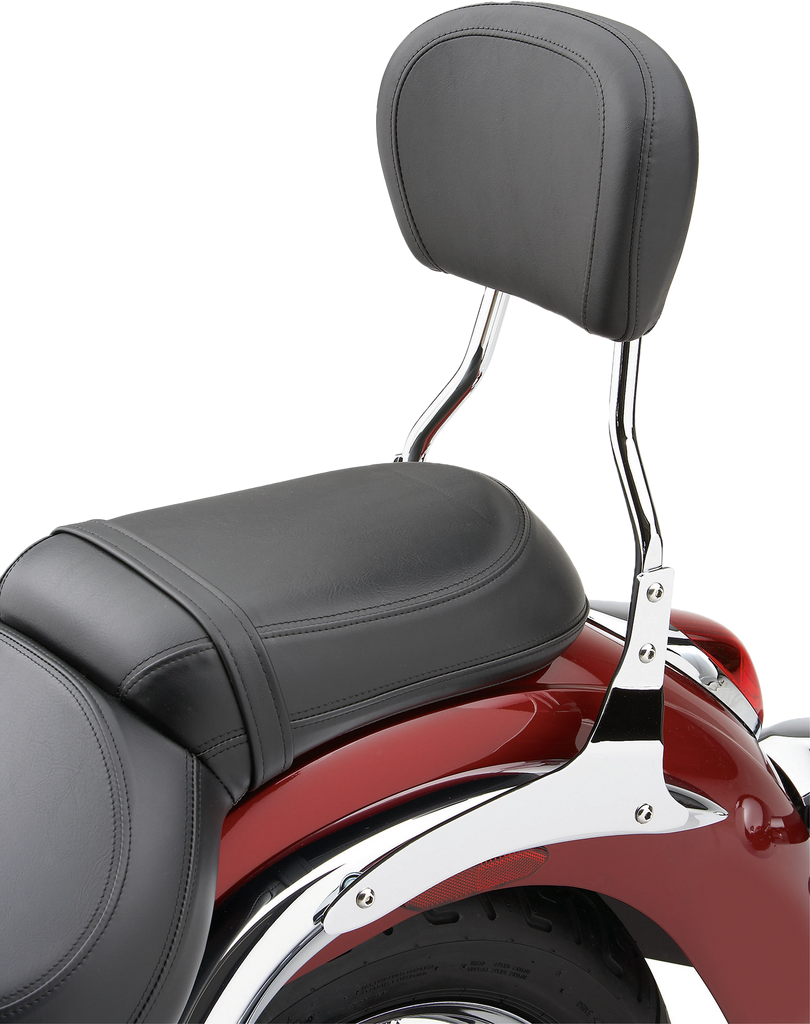 Chrome Cobra short round sissy bar with pad for Yamaha V Star 1300, 2007-2015, shown with mounting hardware and padded seat.