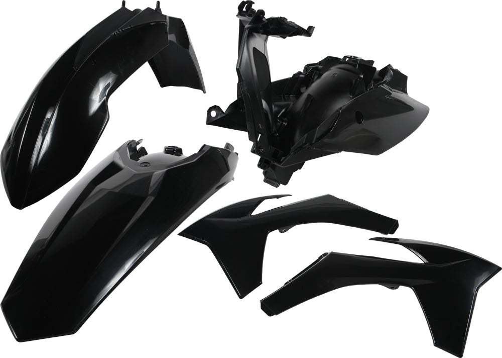 Acerbis black plastic kit with various panels and components for motorcycle or dirt bike maintenance and customization.