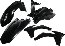 Acerbis black plastic kit with various panels and components for motorcycle or dirt bike maintenance and customization.