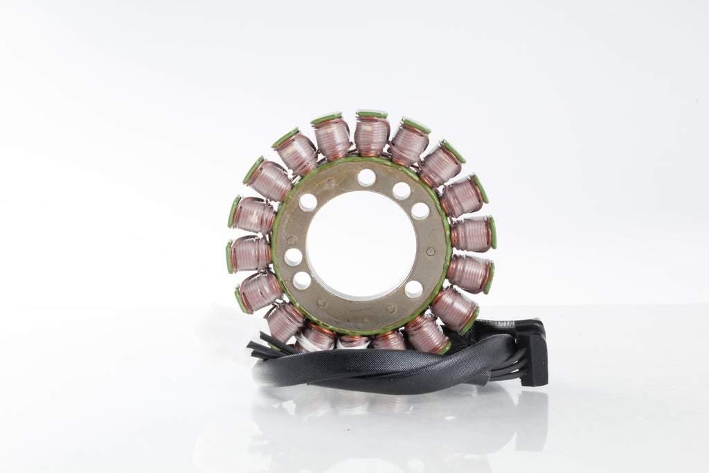 Ricks Motorsport Electric Stator 27-21222 for motorcycle electrical system, shown in a close-up image with wiring and mounting components.