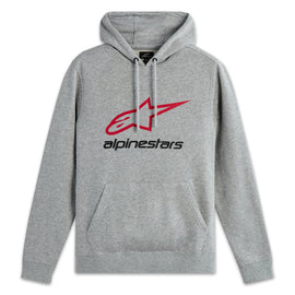 Alpine Star Always 2.0 Hoodie in grey Heather with red and black accents, size large, front view showing hoodie details.
