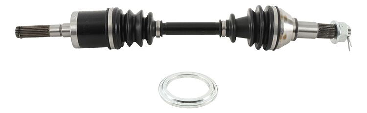 All Balls heavy-duty front axle with six ball design, durable metal construction, and brand markings for off-road or motorcycle use.