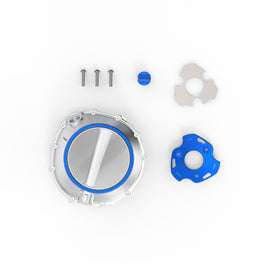 Silver and blue BMW clutch cover guard by RIZOMA, featuring a sleek metal design for enhanced protection and style.