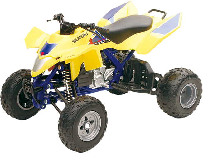 Yellow Suzuki LTR 450 race bike replica by New Ray Toys, detailed 1:12 scale motorcycle accessory image.