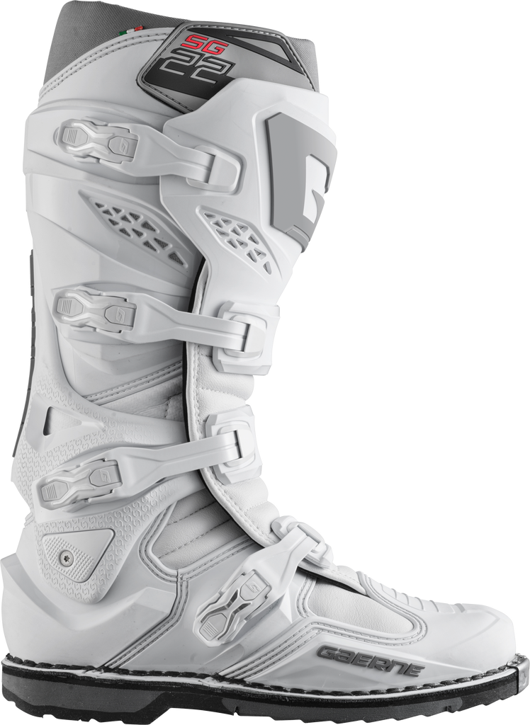 Gaerne SG22 motorcycle boots in white, size 10, with sturdy design and protective features, shown from the side angle.