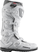 Load image into Gallery viewer, Gaerne SG22 motorcycle boots in white, size 10, with sturdy design and protective features, shown from the side angle.