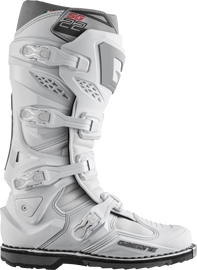 Gaerne SG22 motorcycle boots in white, size 10, with sturdy design and protective features, shown from the side angle.
