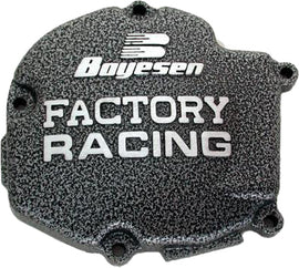 Boyesen Factory Racing Ignition Cover in black for street motorcycles, with detailed brand and product design visible.