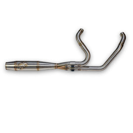 Brushed stainless steel Sawicki Speed Shop M8 flanged mid-cannon exhaust for motorcycles, showcasing the polished finish and design.