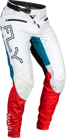Fly Racing Rayce bicycle pants in red, white, and blue with size 34, featuring durable fabric and sporty cycling design.