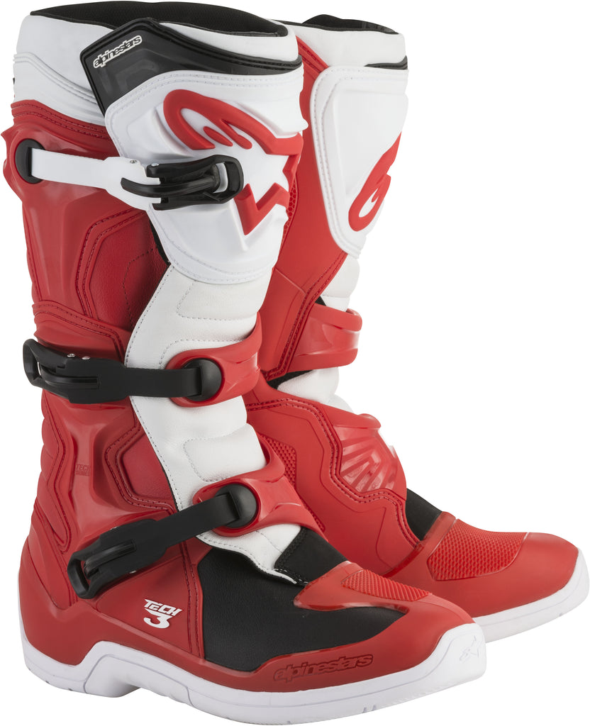 Alpine Star Tech 3 motorcycle boots in red and white, size 9, featuring sturdy construction and protective design.