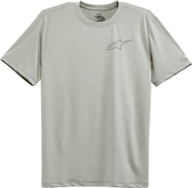 Alpine Star Pursue Performance SS Tee in silver, size large, displayed flat with front view showing logo and fabric texture.