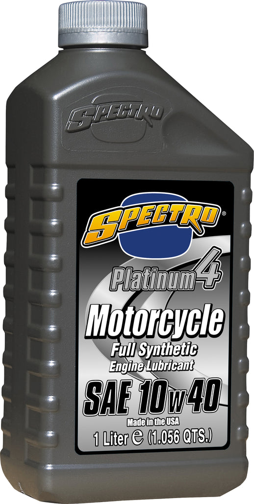 Spectro Platinum M/C Full Synthetic Oil 10W40 1L bottle, motorcycle engine oil with brand label and cap visible.