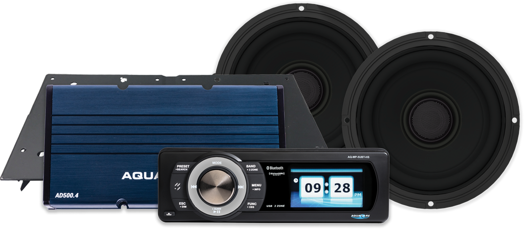 Aquatic AV Ultra Classic Package for Harley FLHT 98-13, audio and communication system components, black wiring and connectors