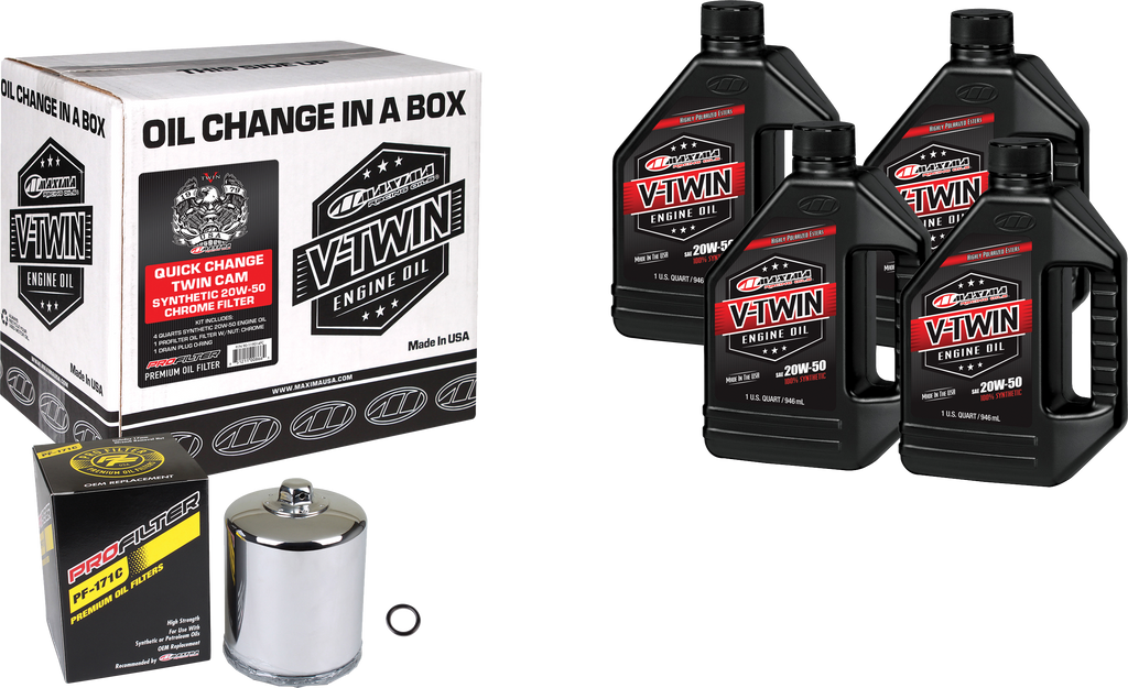 Maxima V-Twin Syn Oil Change Kit with TC Chrome filter, tools for motorcycle maintenance, featuring oil filter and related parts.