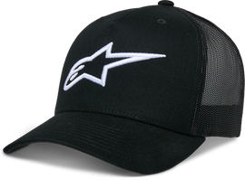 Black Alpine Star Ageless Trucker Hat with adjustable mesh back and embroidered logo front, casual and sporty style.