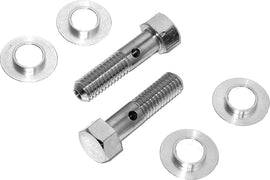 Pair of chrome HardDrive Breather Bolts for Twin Cam 820-50513 intake and fuel system on a motorcycle.