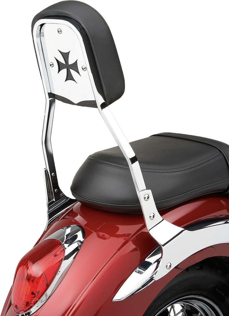 Chrome Cobra backrest insert cross fits standard 82-97426, showing a shiny chrome finish and detailed design.